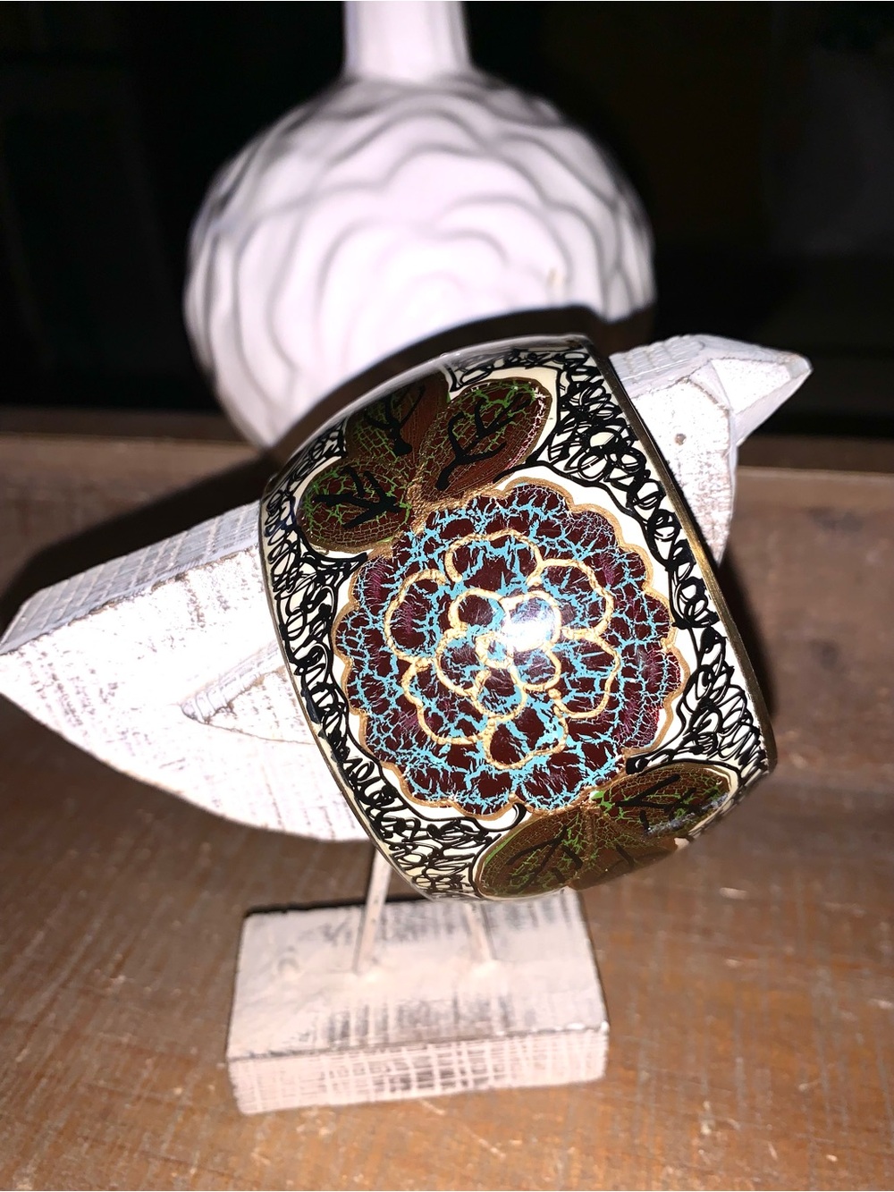 Wide Floral Cloisonné Bangle Bracelet - Turquoise, Brown, Gold